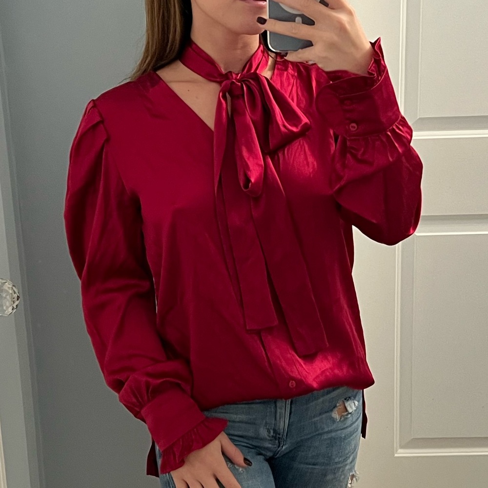 Gold Hawk Silk Tie Neck Blouse Berry Color